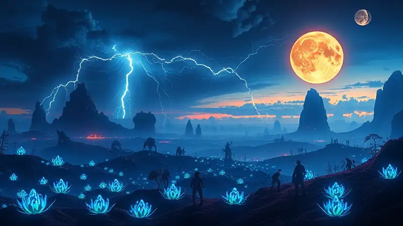 Paisaje de Palworld con tormenta y bioluminiscencia