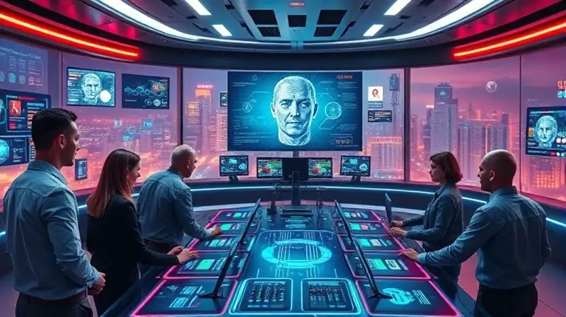 Sala futurista con hologramas y agentes diversos