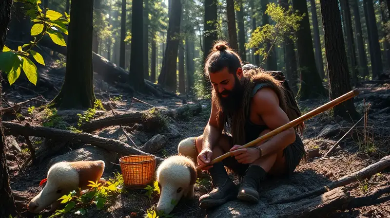 Cazador en bosque denso con herramientas desgastadas