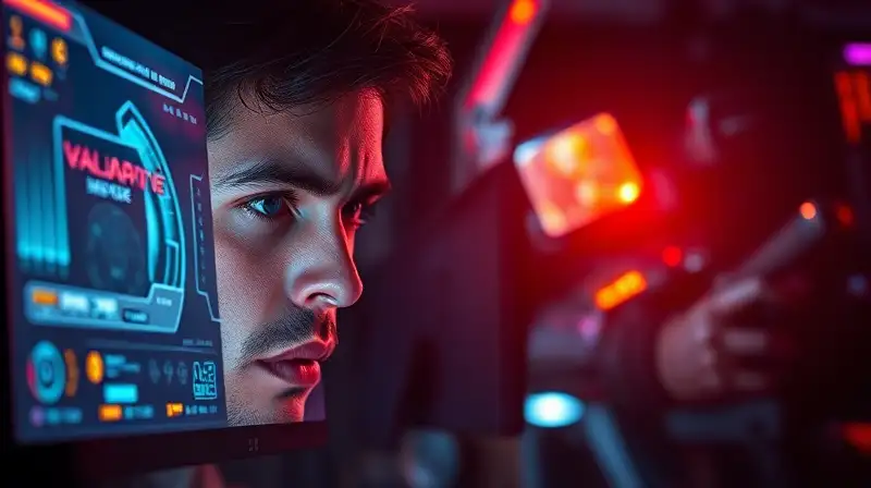 Gamer concentrado juega Valorant en ambiente futurista