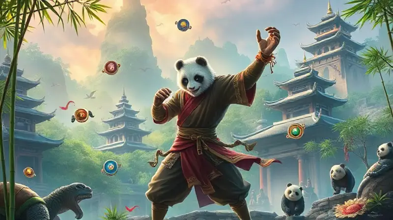 Monje Pandaren en paisaje místico vibrante