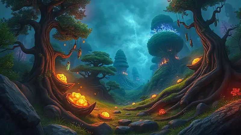 Paisaje fantástico con personaje recolectando recursos