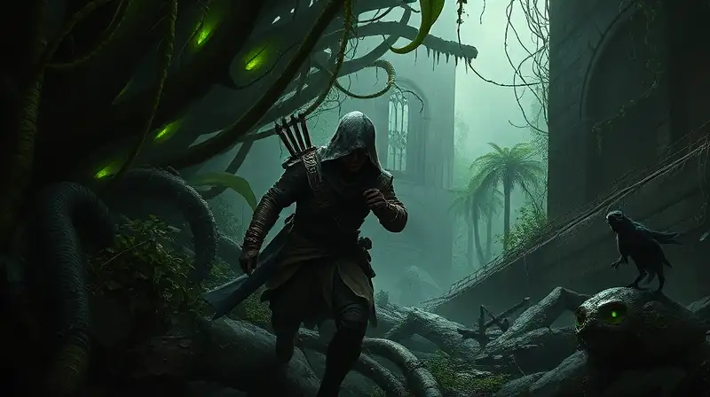 Guerrero sigiloso en jungla oscura corrupta