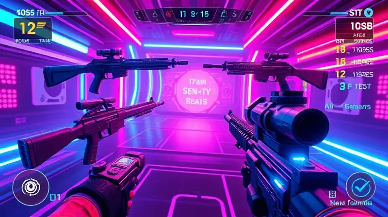 Interfaz futurista FPS con armas equilibradas