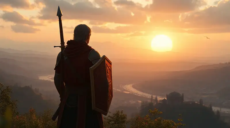 Jugador medieval observa paisaje fantástico al amanecer