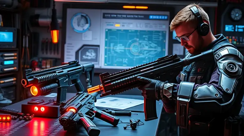Taller futurista con armas y tecnología avanzada