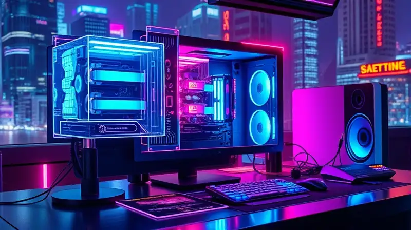 Setup futurista con tecnología holográfica y neón
