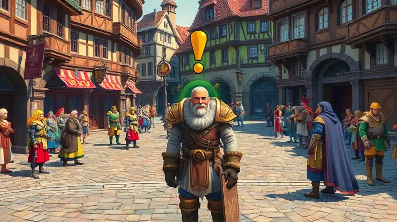 Plaza de fantasía con NPC y aventureros