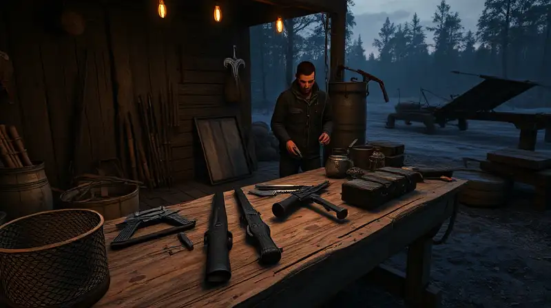 Jugador crea armas primitivas en entorno rústico