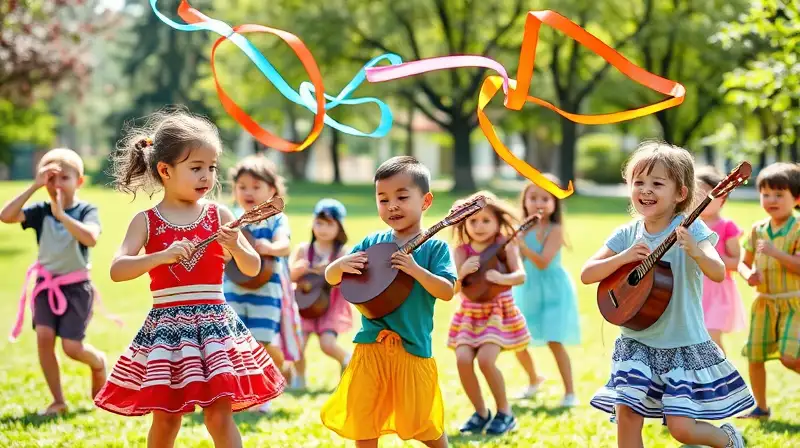 Niños juegan música y bailan alegres