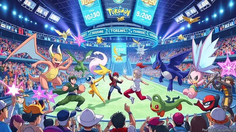 Batalla Pokémon intensa en estadio futurista