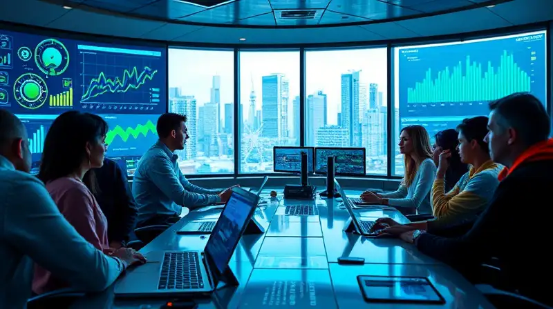 Equipo analiza energía en futurista sala moderna