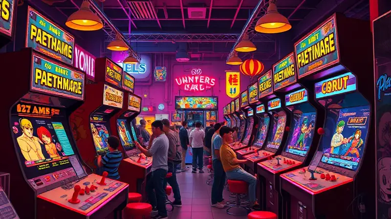 Arcade retro con personajes y luces neón