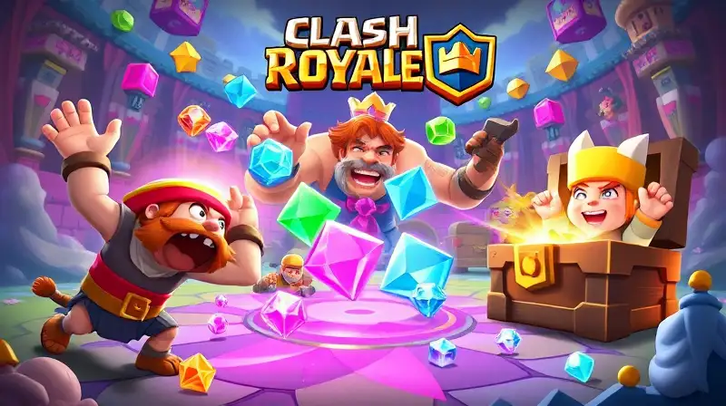 Personajes de Clash Royale en batalla colorida