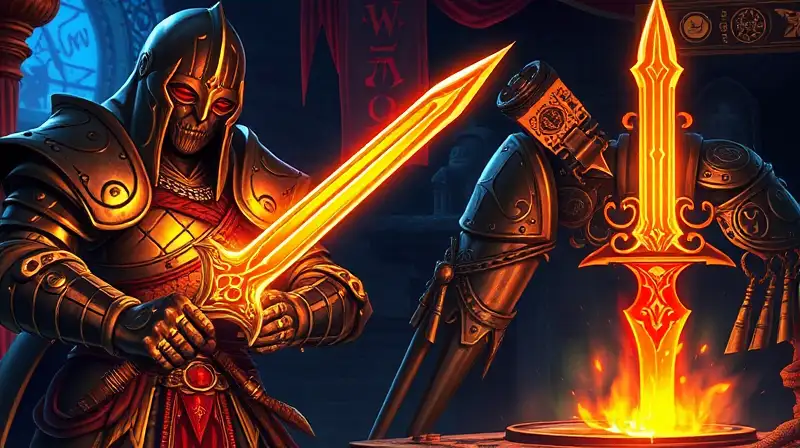 Armería medieval con armas mágicas brillantes