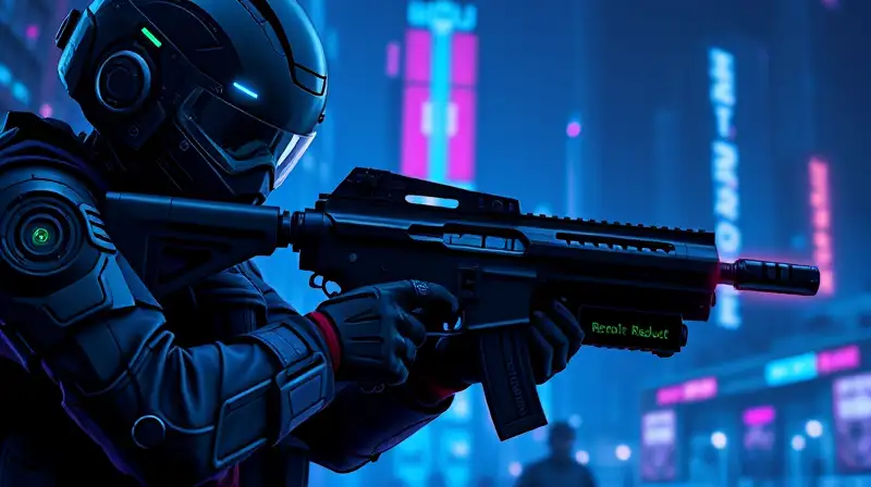 Soldado futurista ajusta arma en ciudad neon