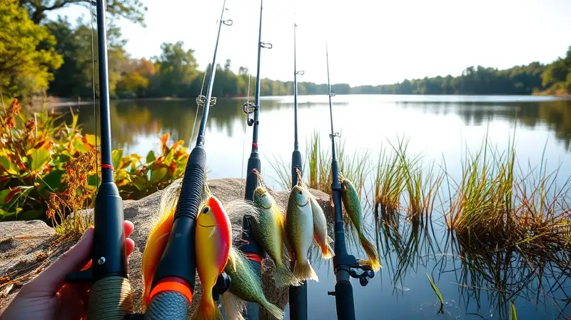 Cañas de pesca junto a lago sereno
