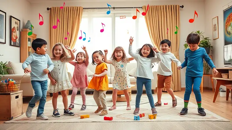 Niños juegan y bailan felices dentro