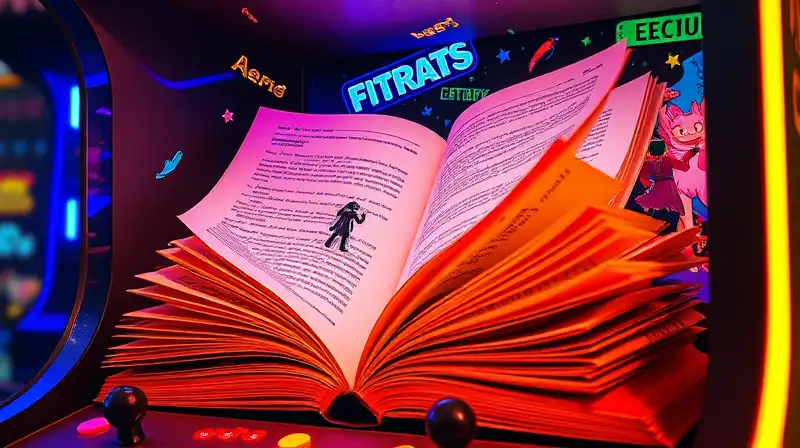 Gabinete arcade con libros y personajes pixelados