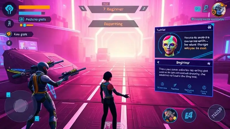 Interfaz futurista y guía de juego vibrante