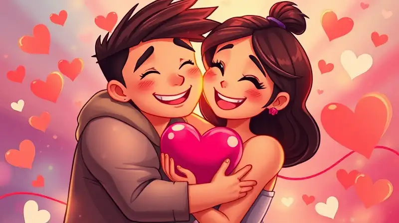 Pareja abrazada con corazones y alegría