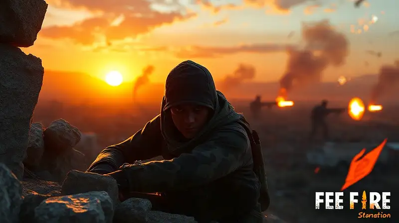 Jugador camuflado observa enemigos al atardecer