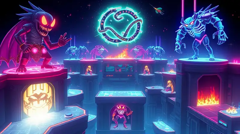 Arcade futurista con batallas neon intensas