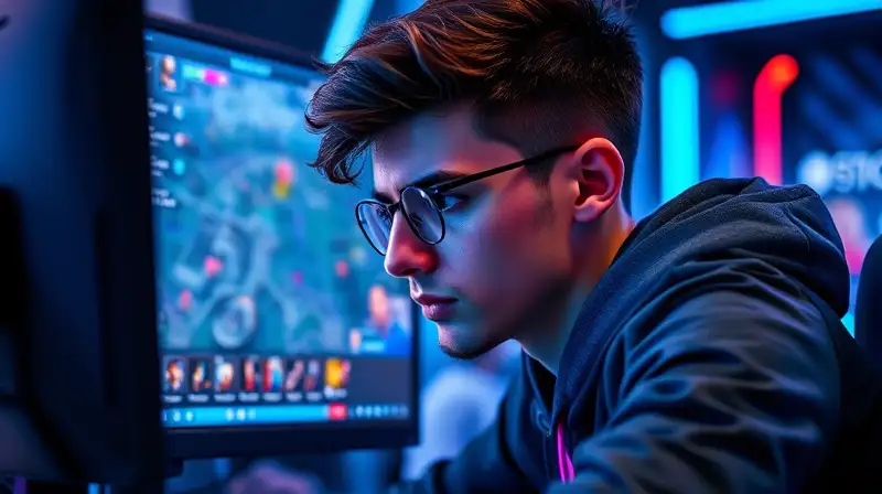 Gamer concentrado en partida estratégica futurista