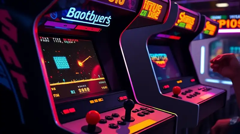 Máquina arcade retro con juego pixelado intenso
