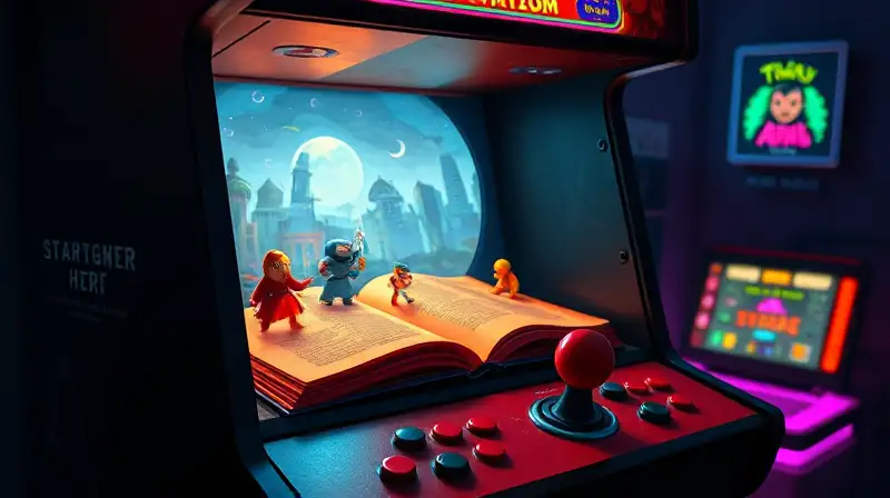 Cabina arcade retro con personajes pixelados vibrantes