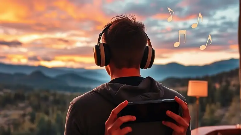 Persona con auriculares explora paisaje vibrante