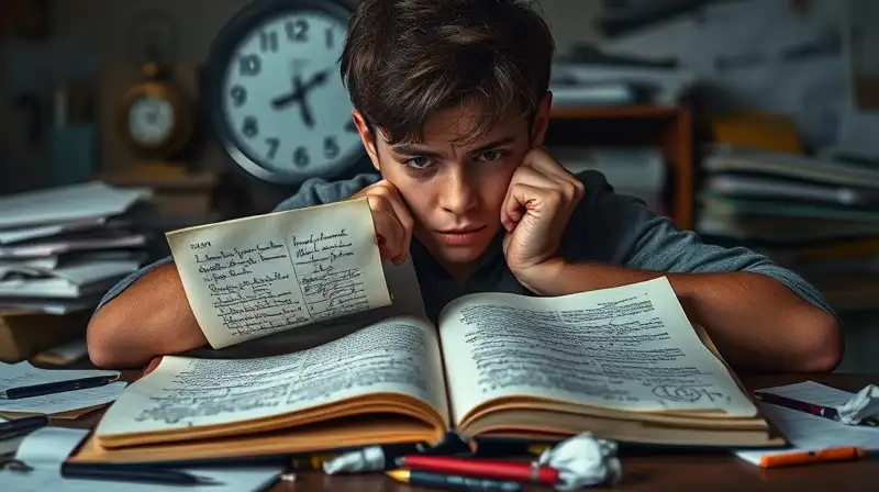 Estudiante nervioso oculta escritorio desordenado