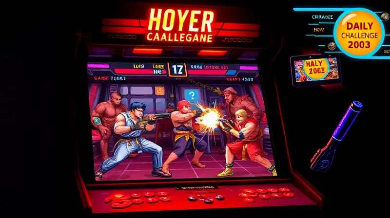 Máquina arcade con batalla pixelada y luces