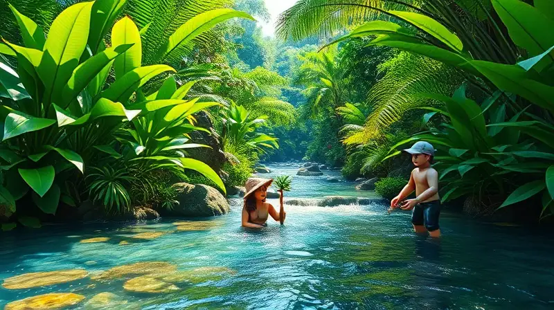 Personajes recolectan plantas en bosque tropical