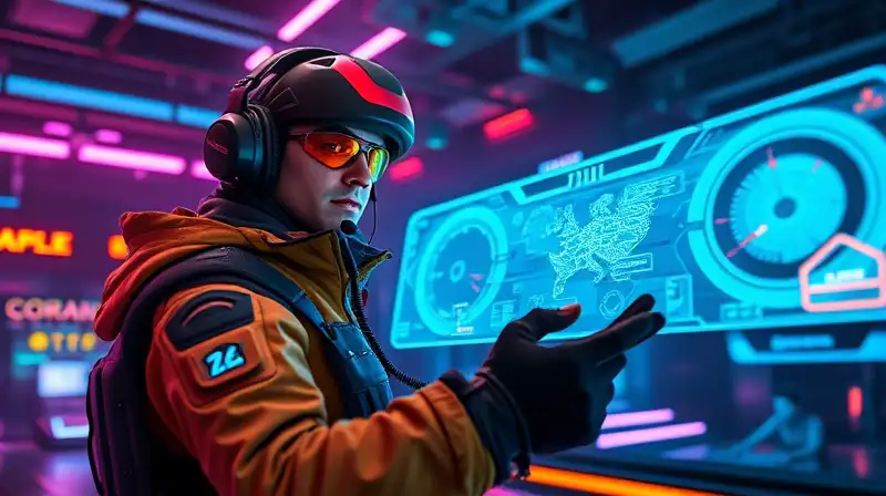 Arena futurista con jugador táctico y hologramas