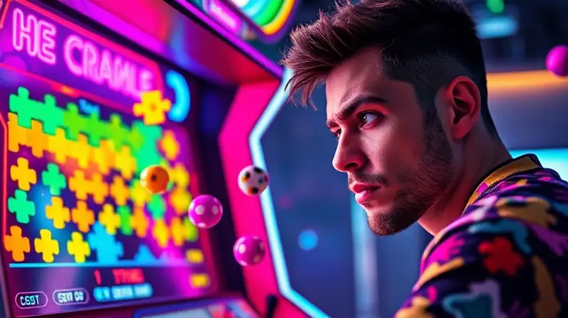 Jugador concentrado en colorido juego arcade