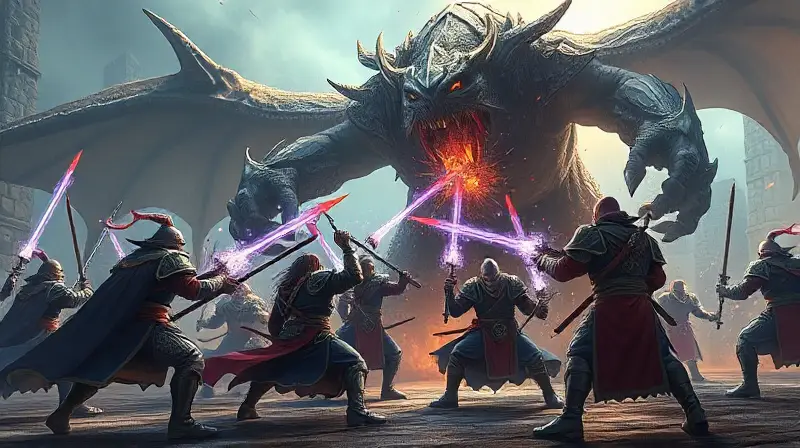 Batalla épica con héroes y monstruo gigante
