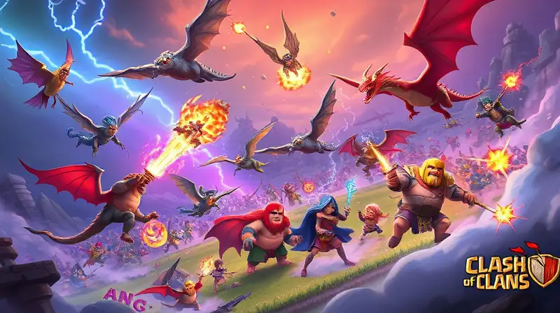 Batallas mágicas aéreas con guerreros y dragones