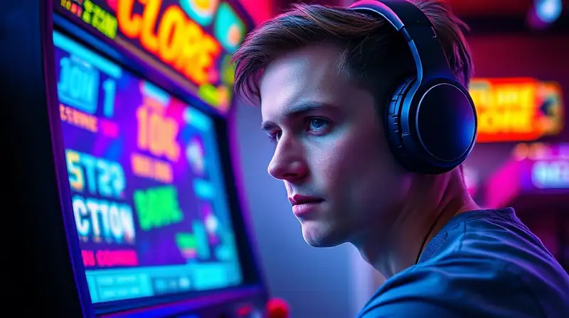Gamer concentrado juega en arcade retro vibrante