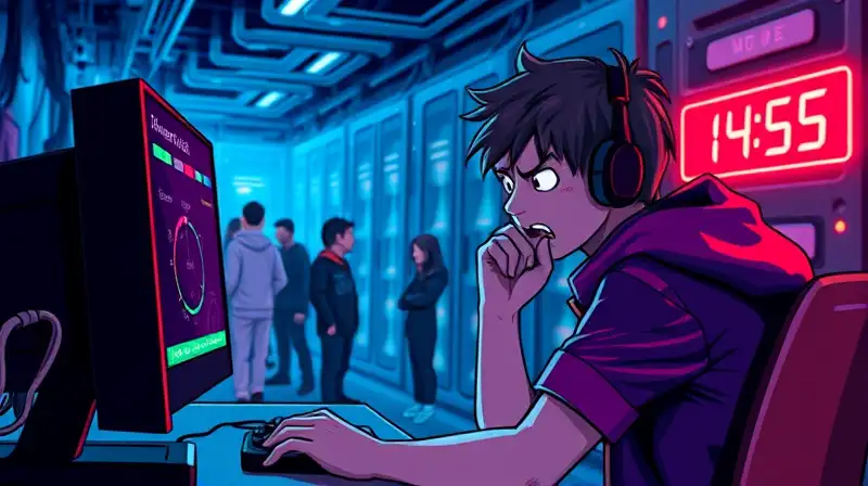 Gamer frustrado espera carga entre personajes pixelados