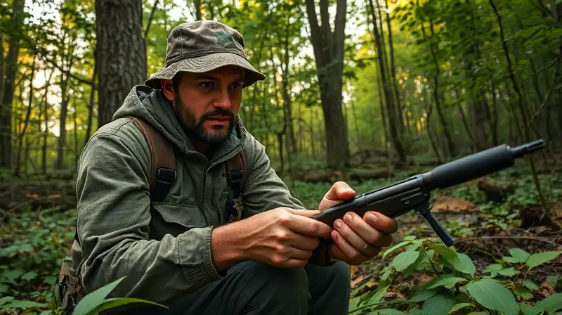 Cazador experto pone trampas en bosque