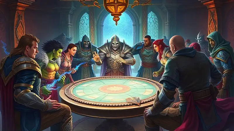Personajes fantasía planifican estrategia con energía