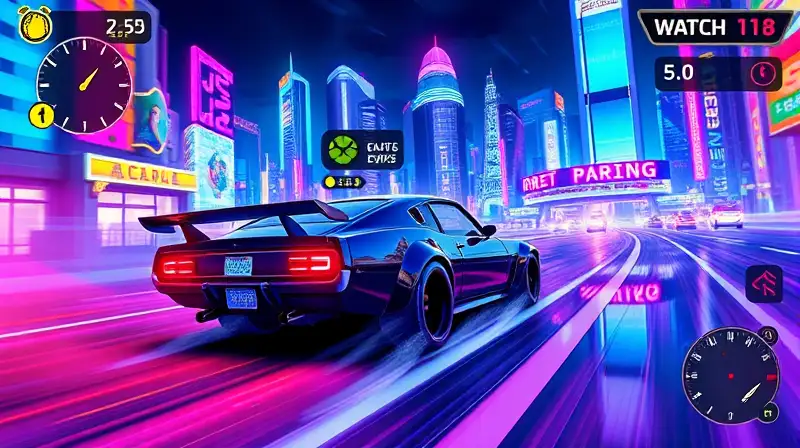 Carrera arcade pixelada en ciudad neón