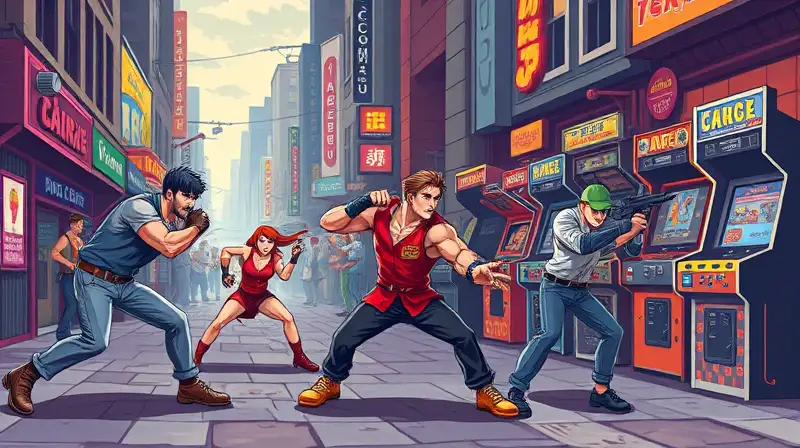 Personajes arcade luchan en calles urbanas