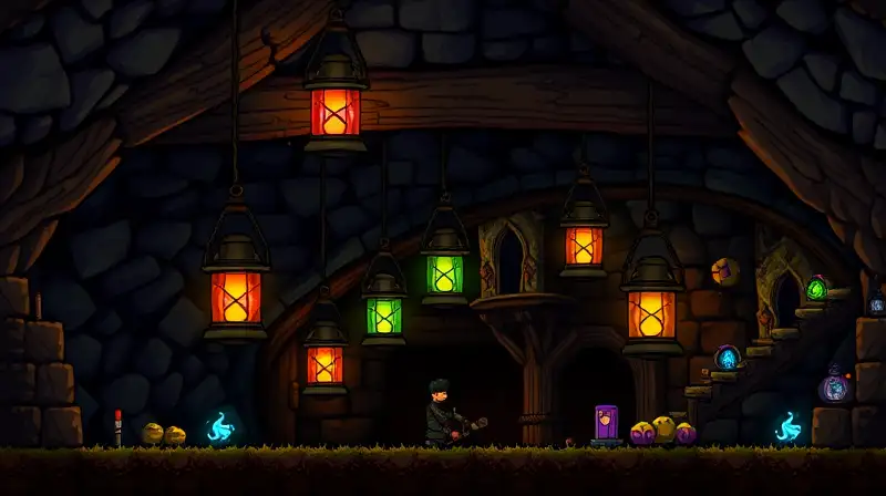 Estilo Terraria: cueva iluminada con lámparas mágicas