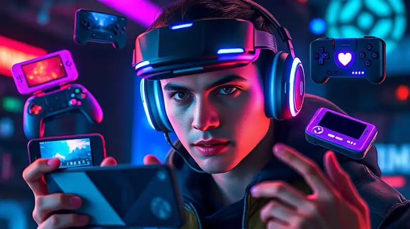 Gamer concentrado con gadgets futuristas brillantes