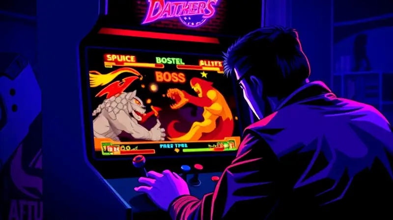 Jugador intenso en arcade retro pixelado