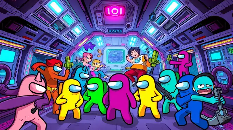 Personajes de Among Us en nave futurista