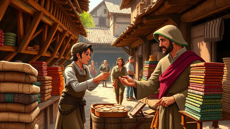 Mercado medieval con comercio animado y colorido