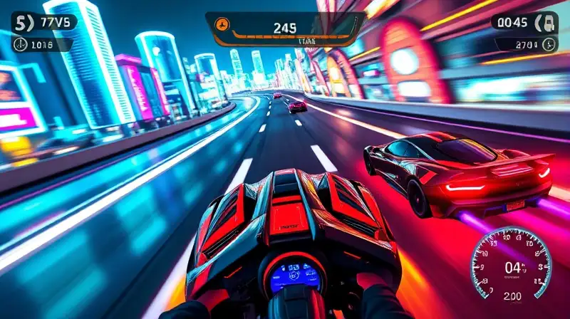 Carreras futuristas intensas en ciudad neón